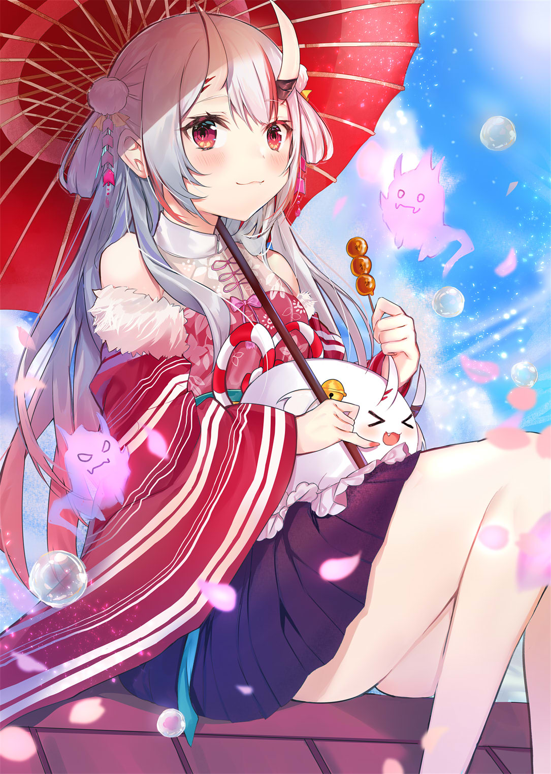1girl, bangs, bare_shoulders, black_skirt, blush, breasts, bubble, cherry_blossoms, clouds, dango, detached_sleeves, dress_shirt, eyebrows, fang, fingernails, food, hair_ornament, highres, hololive, horns, long_hair, looking_at_viewer, mascot, mitarashi_dango, multicolored_hair, nakiri_ayame, nanakagura, oni, oni_horns, open_mouth, oriental_umbrella, poyoyo_(ayame_channel), shirt, sitting, skirt, sky, small_breasts, smile, solo, umbrella, wagashi, white_hair