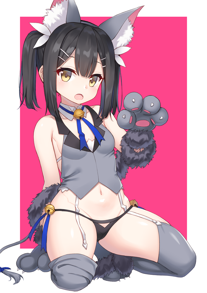 1girl, animal_ear_fluff, animal_ears, bare_shoulders, bell, black_hair, black_panties, breasts