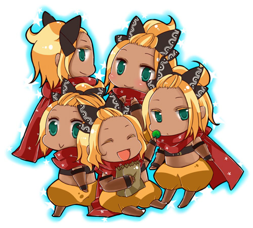 7th_dragon, 7th_dragon_(series), :>, blonde_hair, chibi, dark_skin, drop390_(sakuma), forehead, green_eyes, hair_ribbon, looking_at_viewer, lowres, midriff, multiple_girls, ribbon, rogue_(7th_dragon), scarf, smile
