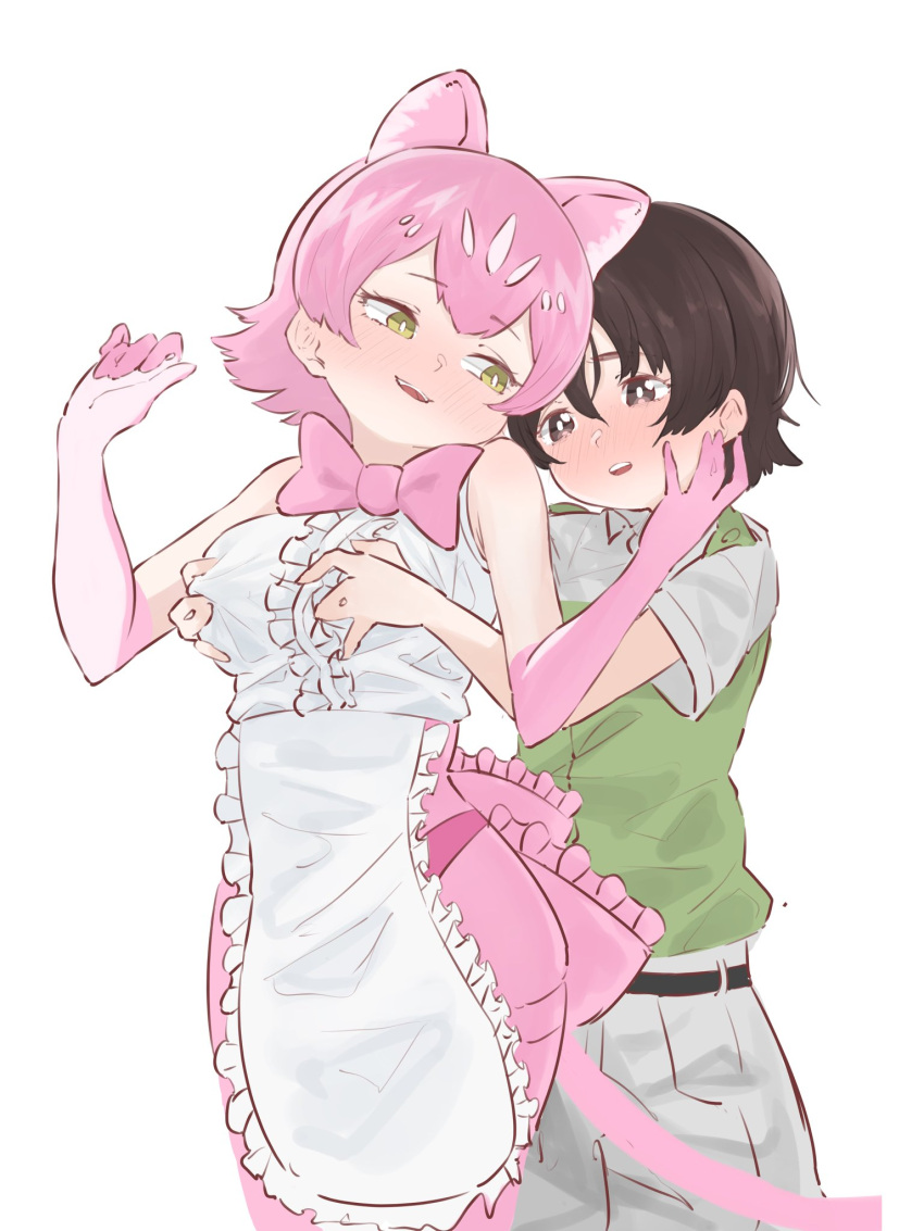 1boy, 1girl, animal_ear_fluff, animal_ears, apron, bangs, bare_shoulders, black_eyes