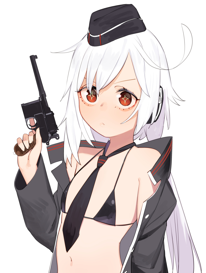 bikini, black_bikini, c96_(girls_frontline), flat_chest, girls_frontline, gun, handgun, hat