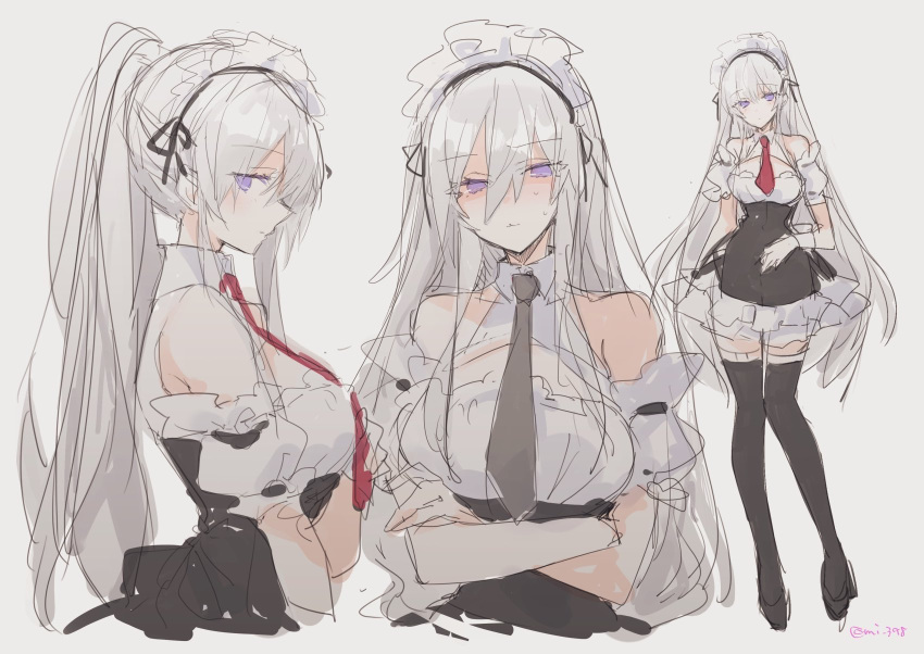 1girl, alternate_costume, arm_under_breasts, azur_lane, bangs, bare_shoulders, black_ribbon, breasts, cleavage_cutout, closed_mouth, crossed_arms, enterprise_(azur_lane), eyebrows_visible_through_hair, frilled_skirt, frills, grey_neckwear, hair_between_eyes, high_heels, high_ponytail, highres, large_breasts, long_hair, maid, maid_dress, maid_headdress, mi_398, neckwear, ponytail, red_neckwear, ribbon, silver_hair, sketch, skirt, standing, thigh-highs, violet_eyes