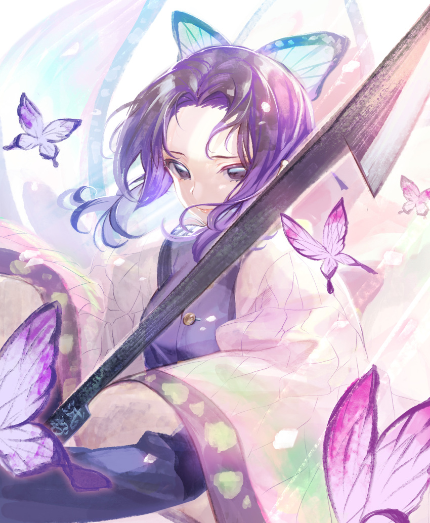1girl, absurdres, animal_print, bangs, breasts, bug, butterfly, butterfly_hair_ornament, butterfly_print, coat, forehead, foreshortening, hair_ornament, hamurekatsu, haori, highres, insect, japanese_clothes, katana, kimetsu_no_yaiba, kochou_shinobu, lips, long_sleeves, looking_at_viewer, medium_breasts, parted_bangs, purple_hair, short_hair, solo, sword, uniform, upper_body, violet_eyes, weapon, wide_sleeves, wind
