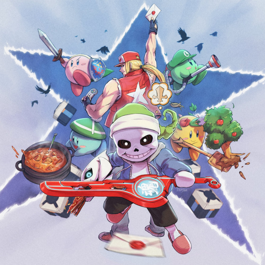 6boys, animal_crossing, animal_crossing_new_horizons, atsumare:_doubutsu_no_mori, baseball_cap, beanie, bird, blizzard_(company), blonde_hair, blue_eyes, box, card, copy_ability, cosplay, curry, doubutsu_no_mori, fatal_fury, female_protagonist_(pokemon_swsh), female_protagonist_(pokemon_swsh)_(cosplay), food, gloves, hal_laboratory_inc., hat, highres, hoshi_no_kirby, hoshi_no_kirby_kagami_no_daimeikyuu, hoshi_no_kirby_sanjou!_dorocche_dan, human, kirby, kirby_(series), kirby_(specie), kirby_and_the_amazing_mirror, kirby_squeak_squad, link, link_(cosplay), long_hair, looking_at_viewer, luigi, luigi's_mansion, luigi_(cosplay), monado, monolith_soft, monster_games, multiple_boys, nintendo, nintendo_ead, open_mouth, overwatch, pink_puff_ball, pokemon, pokemon_(anime), pokemon_(game), pokemon_swsh, ponytail, raven, sans_(undertale), sans_(undertale)_(cosplay), shield, shulk, shulk_(cosplay), simple_background, skeleton, snes, snk, sora_(company), star, stup-jam, super_famicom, super_famicom_gamepad, super_kirby_clash, super_mario_bros., super_nintendo, super_nintendo_entertainment_system, super_smash_bros., super_smash_bros._ultimate, super_smash_bros_brawl, super_smash_bros_crusade, super_smash_bros_legacy_xp, sword, team_kirby_clash_deluxe, terry_bogard, the_king_of_fighters, the_legend_of_zelda, the_legend_of_zelda:_link's_awakening, toby_fox_(publisher), tree, undertale, vacuum_cleaner, villager_(animal_crossing), villager_(doubutsu_no_mori), villager_(doubutsu_no_mori)_(cosplay), weapon, xenoblade_(series), xenoblade_1, xenoblade_chronicles, zelda_no_densetsu