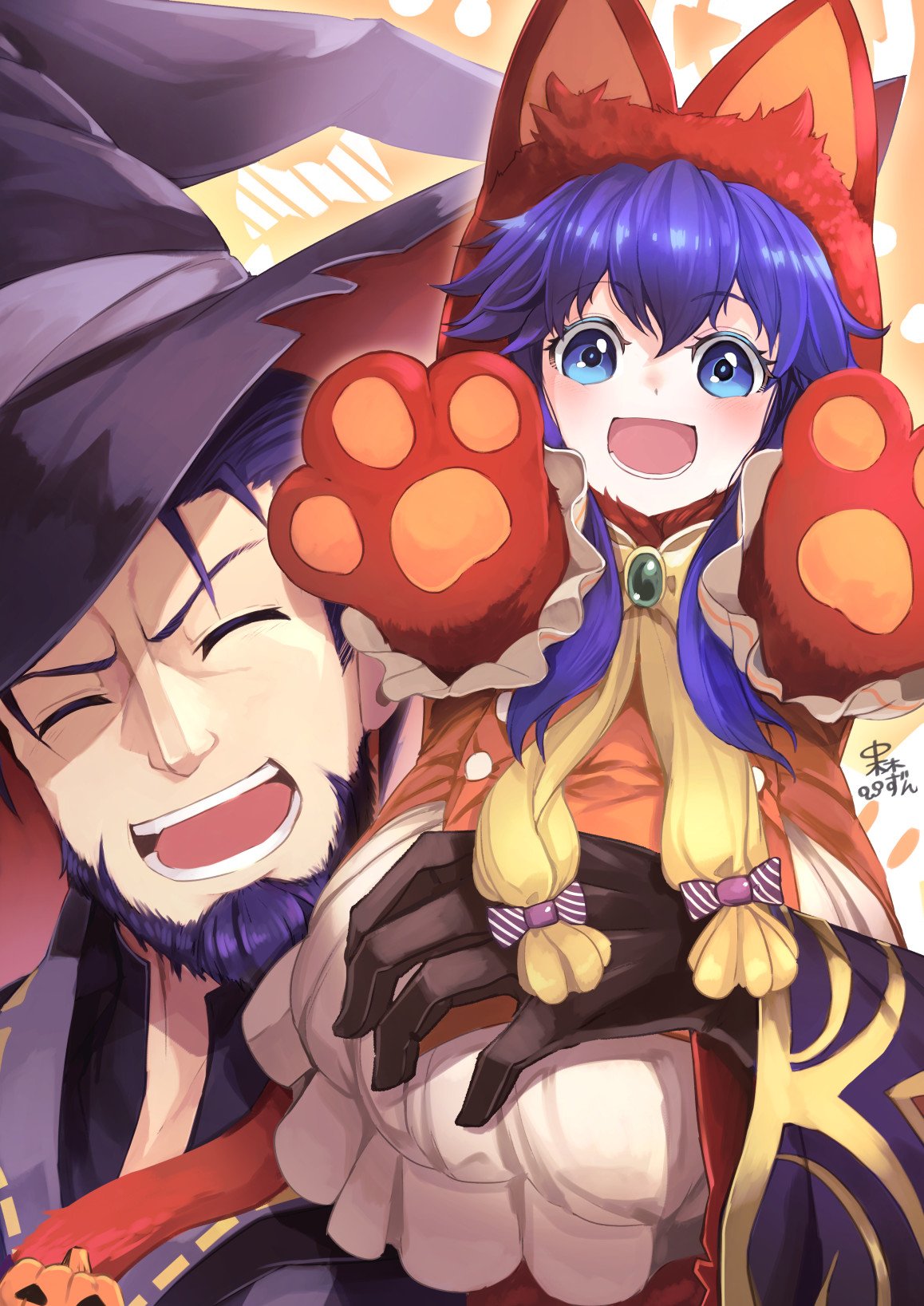 1boy, 1girl, adorable, adult, animal_ears, beard, blue_eyes, blue_hair