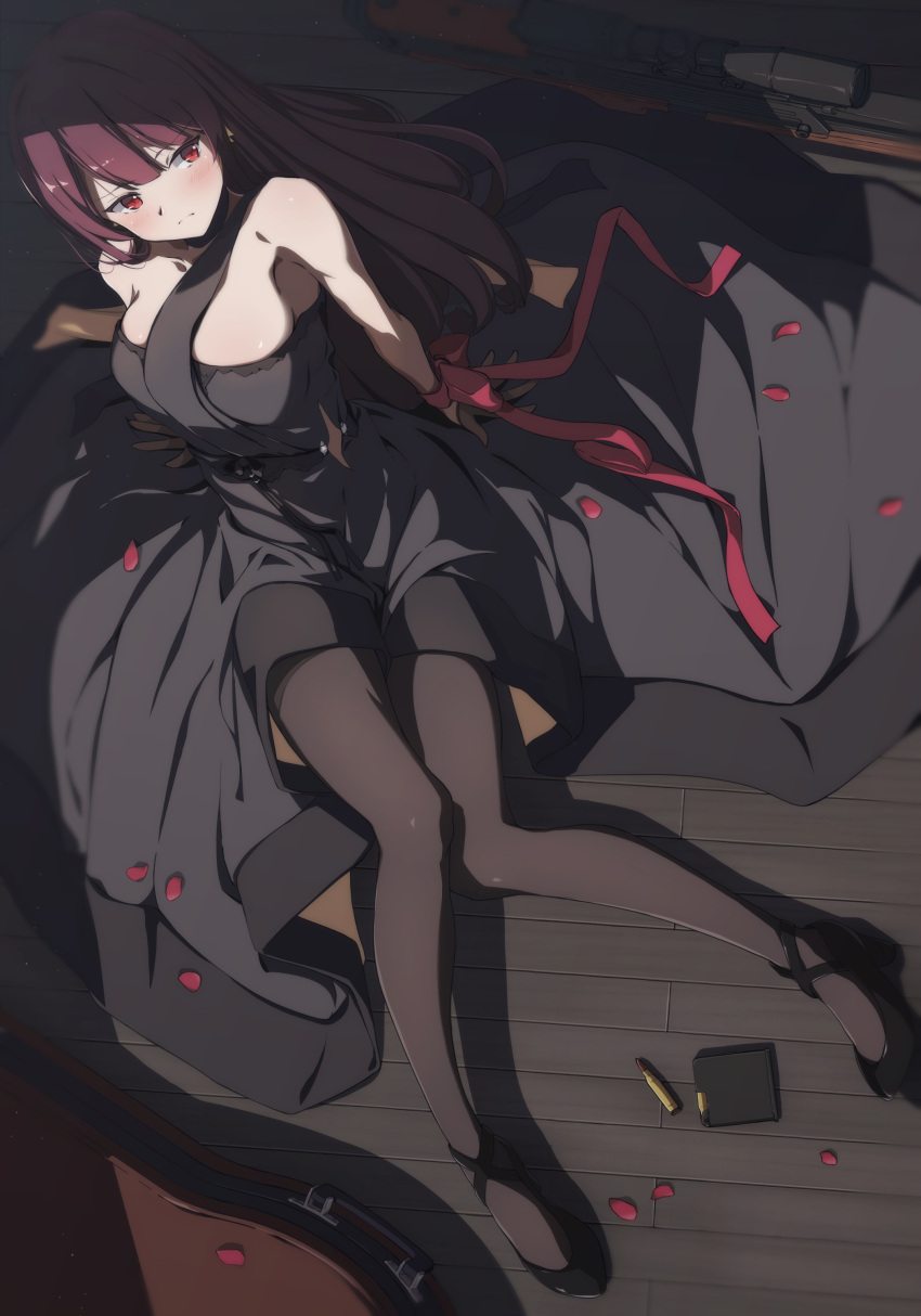 1girl, absurdres, alternate_costume, bangs, belt, bipod, black_dress, black_footwear