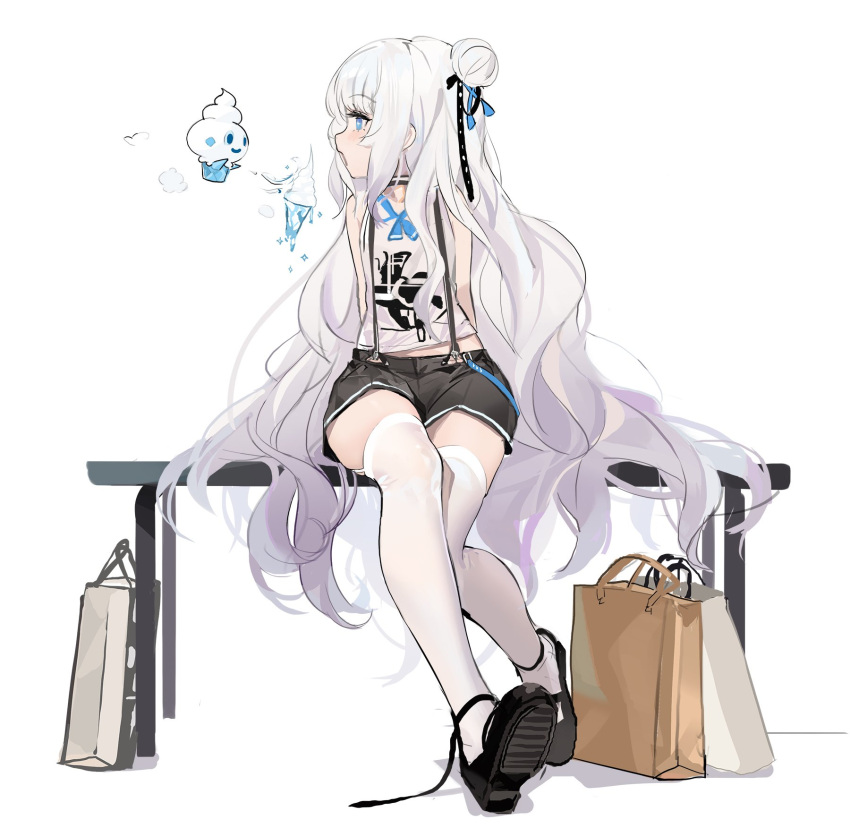 1girl, alternate_costume, arm_support, azur_lane, bag, bare_arms, bench, black_choker