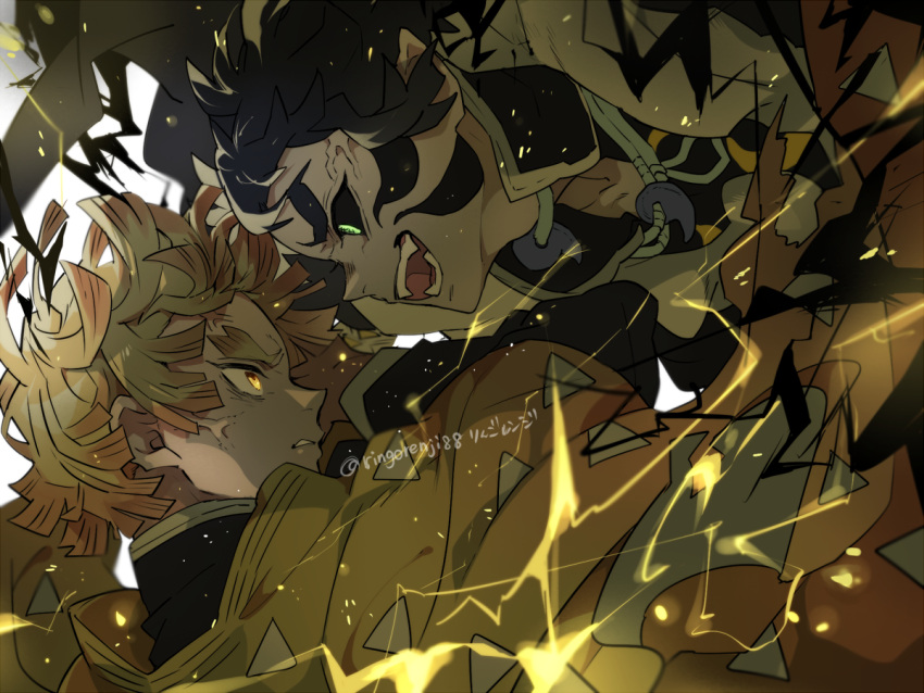 2boys, action, agatsuma_zenitsu, battle, black_hair, black_sclera, blonde_hair, clenched_teeth