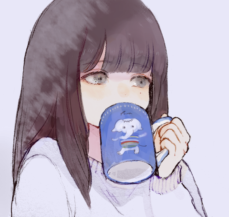 1girl, animal_print, bangs, blunt_bangs, brown_hair, cup, dot_nose, drink