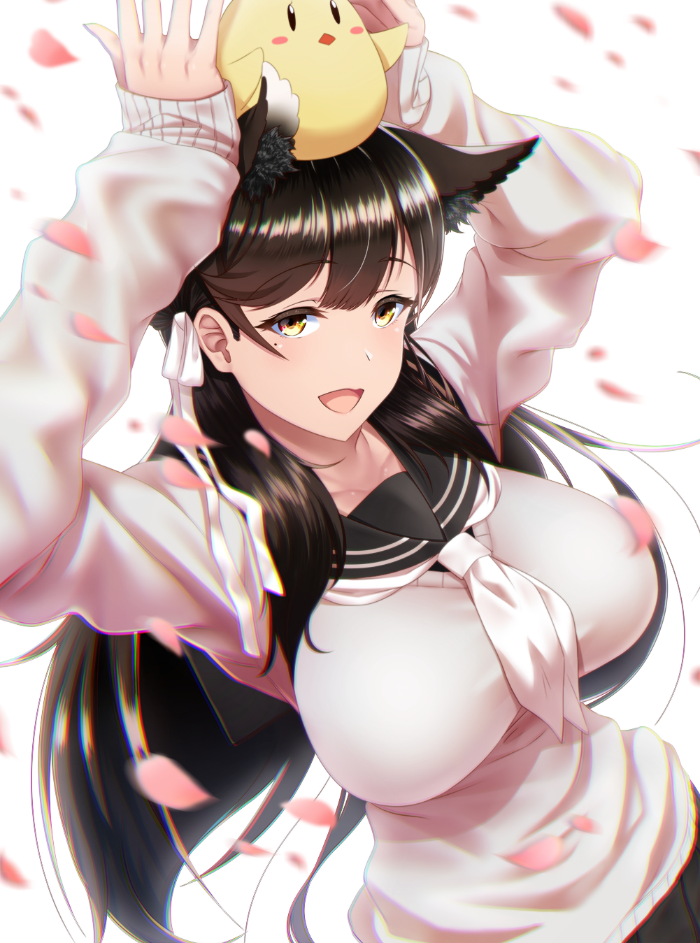 1girl, :d, animal_ears, arms_up, atago_(azur_lane), atago_(school_daydream)_(azur_lane), azur_lane, bangs