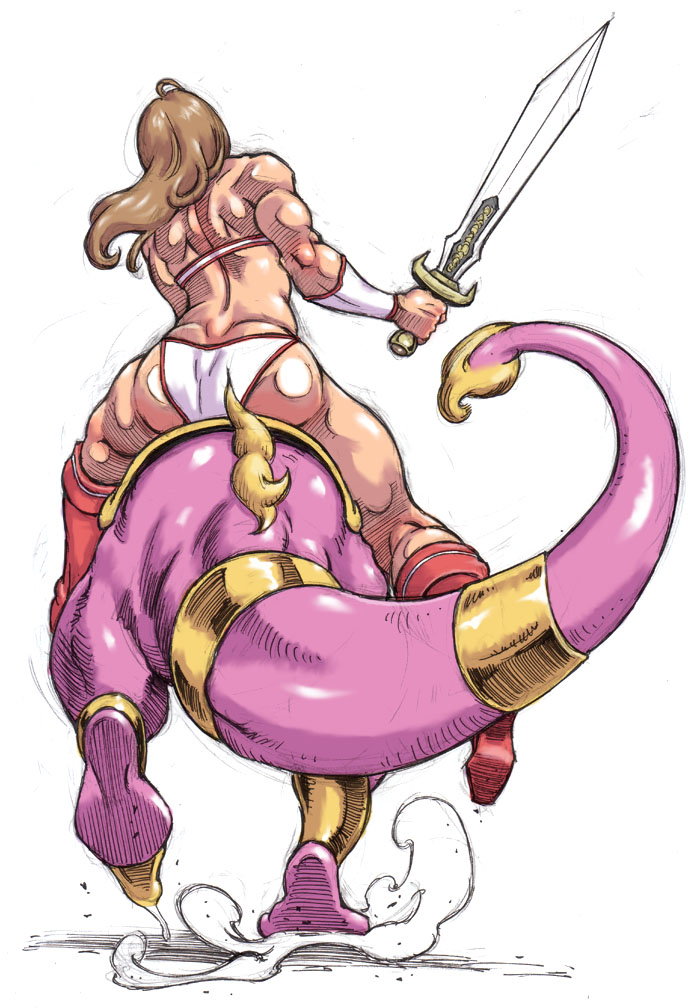 1girl, armor, ass, back, bikini, bikini_armor, boots, brown_hair, commentary_request, from_behind, full_body, golden_axe, holding, holding_sword, holding_weapon, knee_boots, long_hair, millefeuille, monster, muscle, muscular_female, red_footwear, riding, solo_focus, swimsuit, sword, thick_thighs, thighs, tyris_flare, vambraces, weapon, white_background, white_bikini
