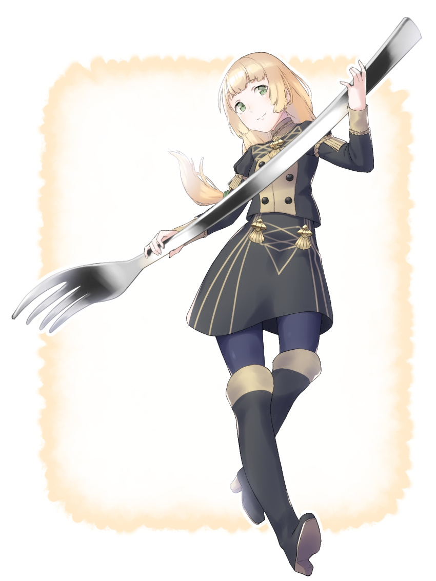 1girl, blonde_hair, boots, braid, epaulettes, fire_emblem, fire_emblem:_three_houses, fork