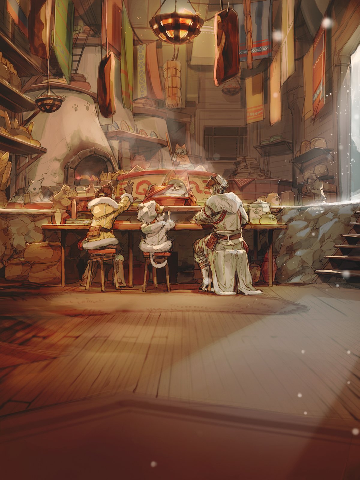 1boy, 1girl, back, bowl, cooking, direwolf_(armor), felyne, fireplace, food, from_behind, fur_trim, grammeowster_chef, haban_(haban35), handler_(monster_hunter_world), hat, highres, light_particles, monster_hunter, monster_hunter:_world, open_mouth, pot, sitting, spoon, stairs, stool, table, tail