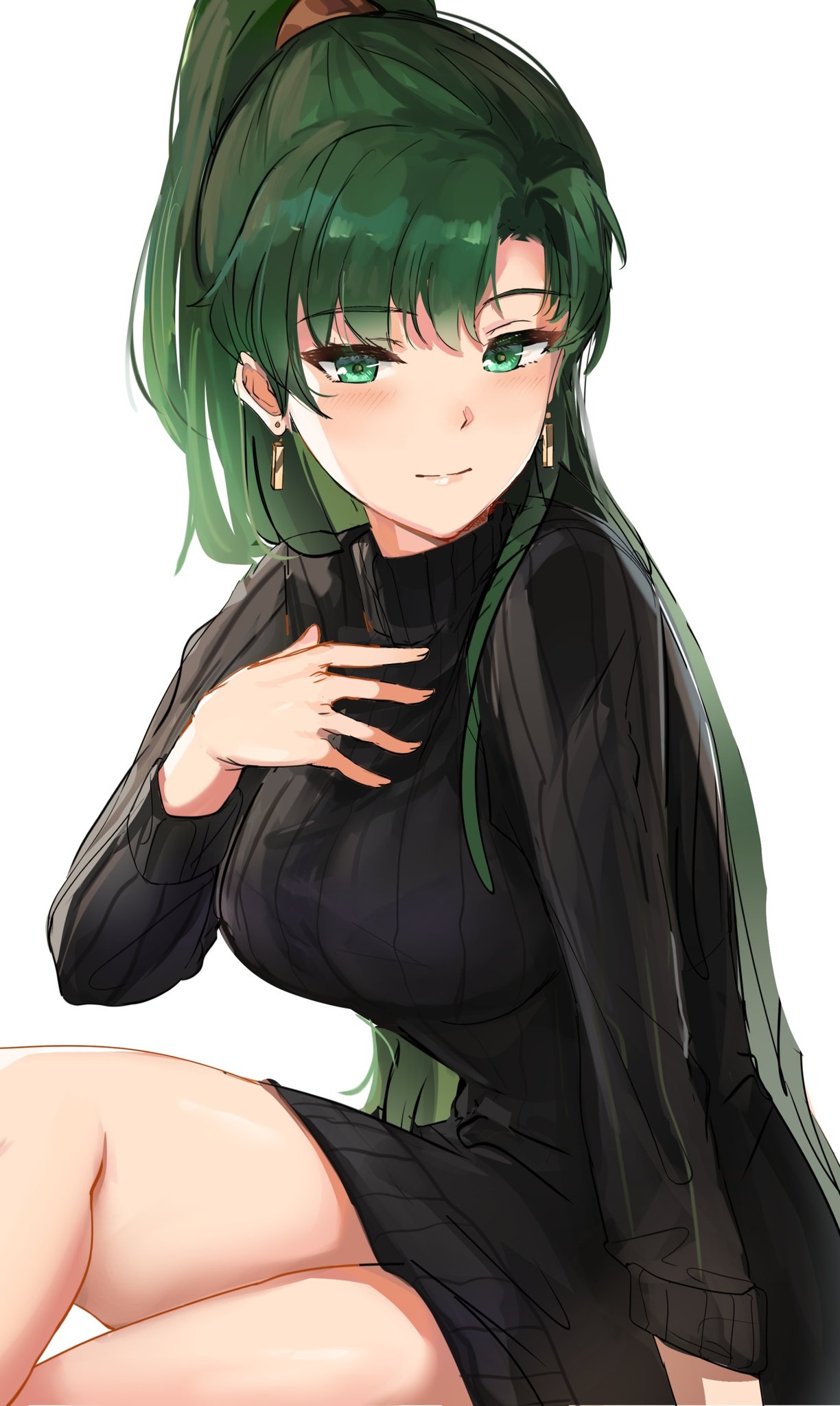 1girl, bangs, black_sweater, blush, breasts, closed_mouth, cute, dress, earrings, eyebrows_visible_through_hair, fire_emblem, fire_emblem:_rekka_no_ken, fire_emblem:_the_blazing_blade, fire_emblem_blazing_sword, green_eyes, green_hair, hand_on_own_chest, hand_up, highres, intelligent_systems, jewelry, lips, long_hair, long_sleeves, looking_at_viewer, lyn_(fire_emblem), lyndis_(fire_emblem), medium_breasts, nintendo, ormille, ponytail, shiny, shiny_hair, shiny_skin, simple_background, sitting, solo, super_smash_bros., sweater, sweater_dress, tied_hair, turtleneck, white_background