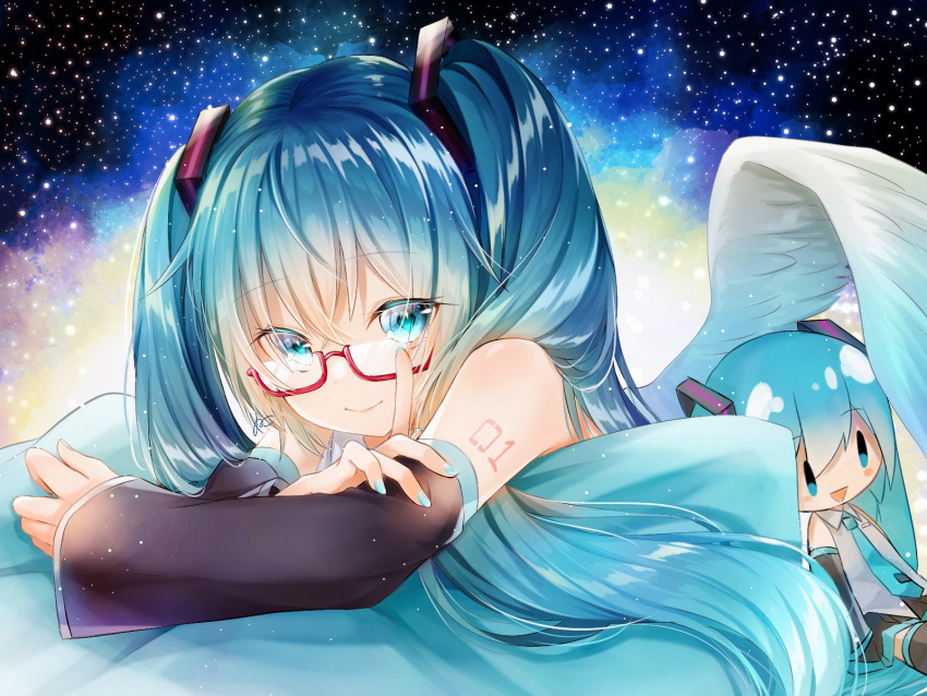 1girl, aqua_eyes, aqua_hair, aqua_pillow, bare_shoulders, black_skirt, black_sleeves, blush_stickers