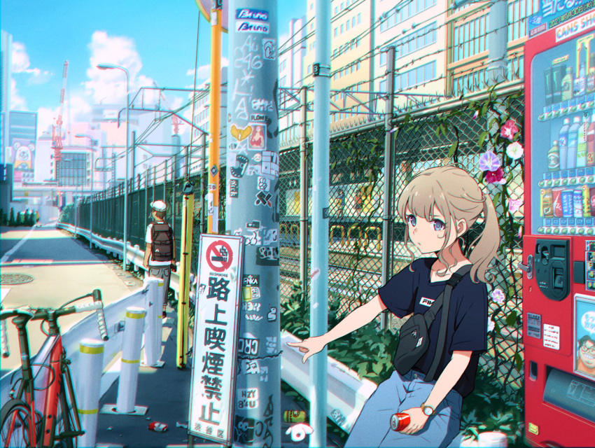 1boy, 1girl, 5114ave, absurdres, bicycle, black_shirt, brown_hair, can