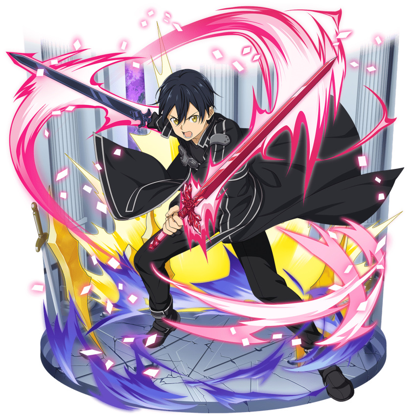 1boy, alternate_eye_color, black_cape, black_footwear, black_gloves, black_hair, black_pants, blue_rose_sword, cape, dual_wielding, fingerless_gloves, full_body, gloves, hair_between_eyes, highres, holding, holding_sword, holding_weapon, kirito, long_sleeves, looking_at_viewer, male_focus, official_art, pants, shiny, shiny_hair, solo, standing, sword, sword_art_online, transparent_background, weapon, yellow_eyes