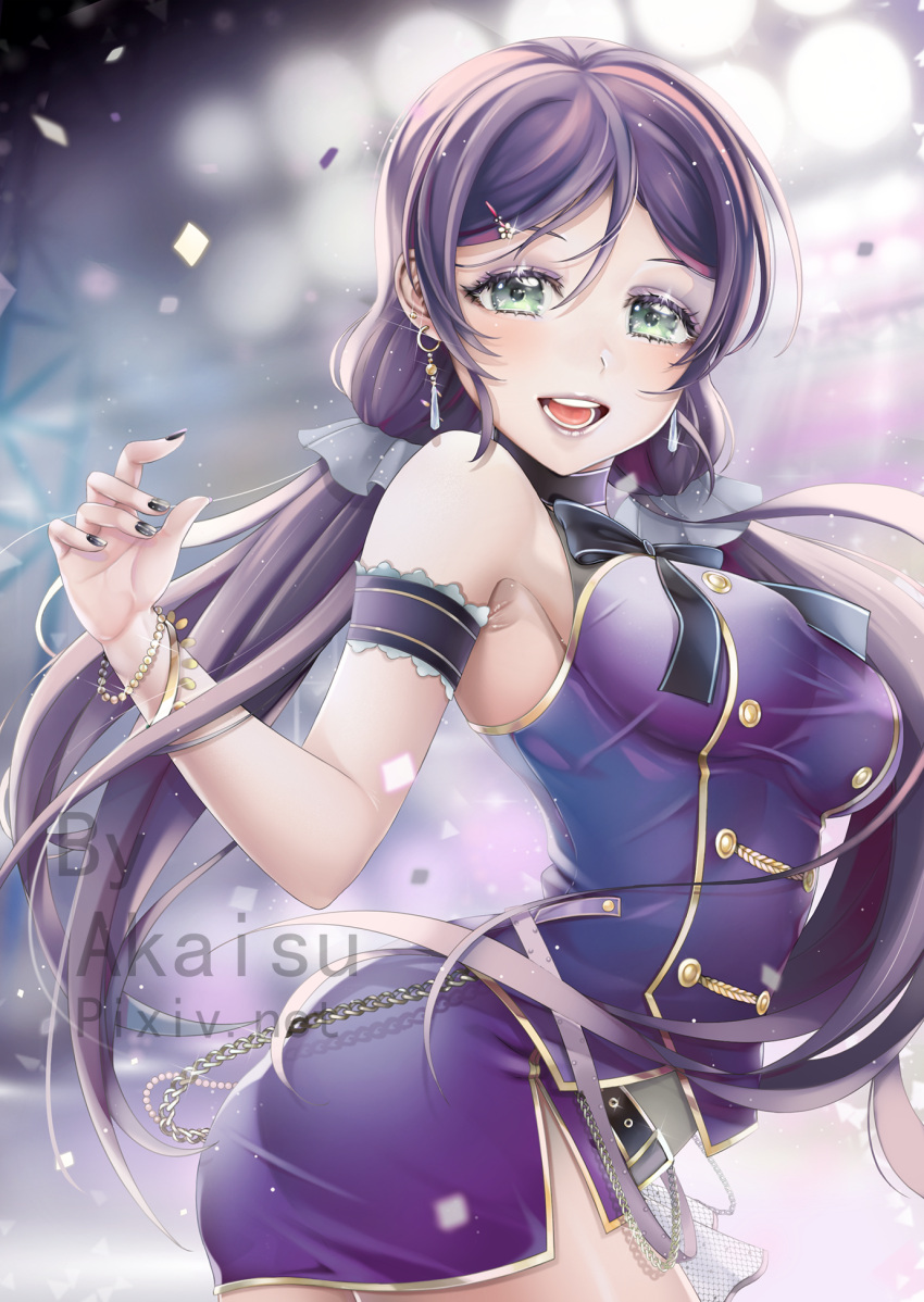 1girl, :d, akais, artist_name, black_nails, black_ribbon, blurry, blurry_background
