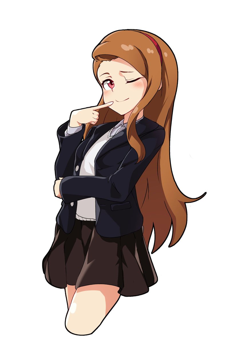 1girl, ;), black_jacket, brown_hair, brown_skirt, collared_shirt, cowboy_shot, cropped_legs