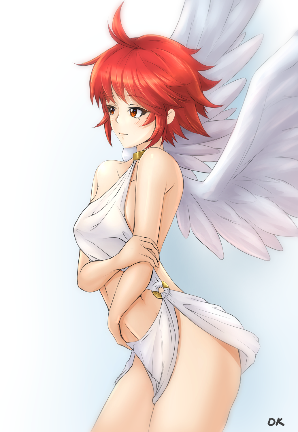 1girl, ahoge, angel_wings, artist_name, closed_mouth, cowboy_shot, deekei, feathered_wings