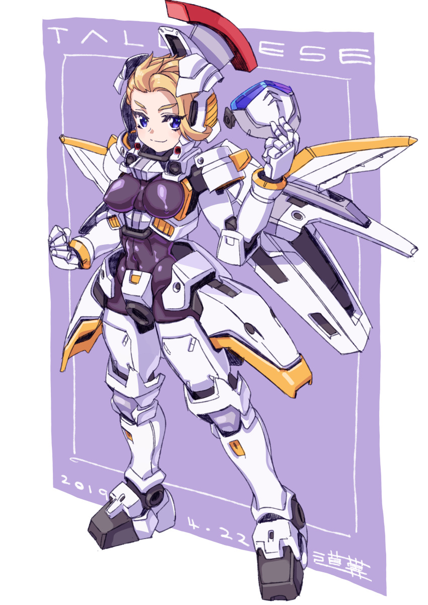 1girl, absurdres, black_bodysuit, blonde_hair, blue_eyes, bodysuit, breasts, commentary_request, gundam, gundam_wing, highres, large_breasts, looking_at_viewer, mask, mask_removed, mecha_musume, mechanical_arms, mechanical_legs, michi_kuso, short_hair, simple_background, skin_tight, solo, tallgeese, thrusters