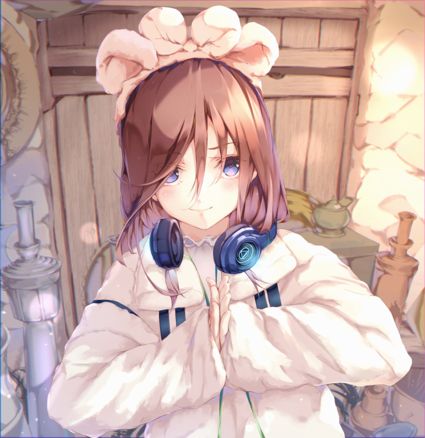 1girl, aotsuki_kaoru, begging, blue_eyes, brown_hair, closed_mouth, coat, commentary_request