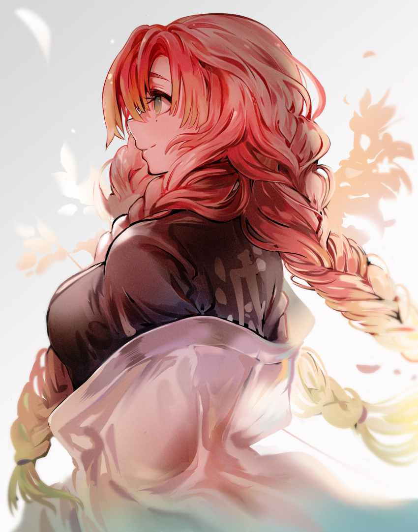 1girl, braid, breasts, closed_mouth, clothes_writing, from_side, gradient_hair, green_eyes, green_hair, hair_over_shoulder, haori, highres, japanese_clothes, kanroji_matsuri, kimetsu_no_yaiba, large_breasts, long_hair, looking_away, mole, mole_under_eye, multicolored_hair, off_shoulder, pink_hair, profile, smile, snowru, solo, tri_braids, uniform, upper_body