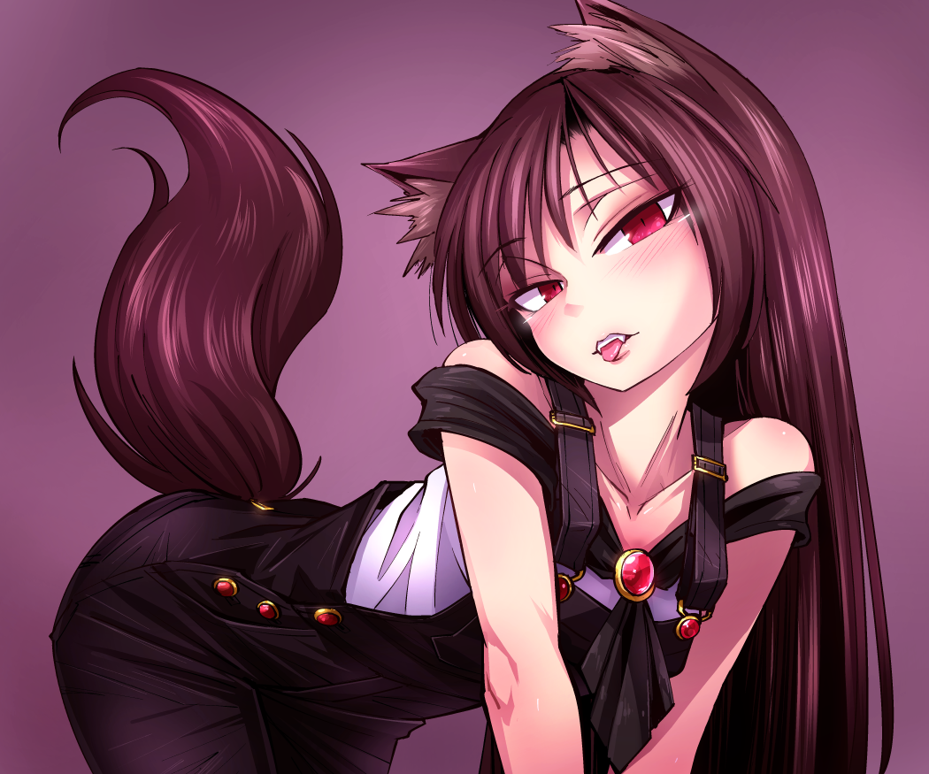 1girl, animal_ear_fluff, animal_ears, bangs, bare_shoulders, bent_over, black_overalls, blush