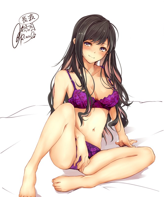 1girl, bangs, barefoot, bed_sheet, black_hair, blush, bra, breasts