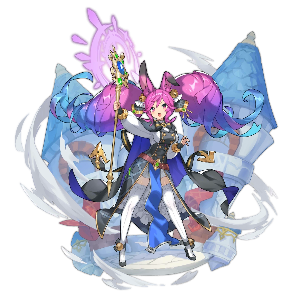 animal_ear_fluff, animal_ears, bell, blue_hair, cape, cleo_(dragalia_lost), dragalia_lost, gradient_hair