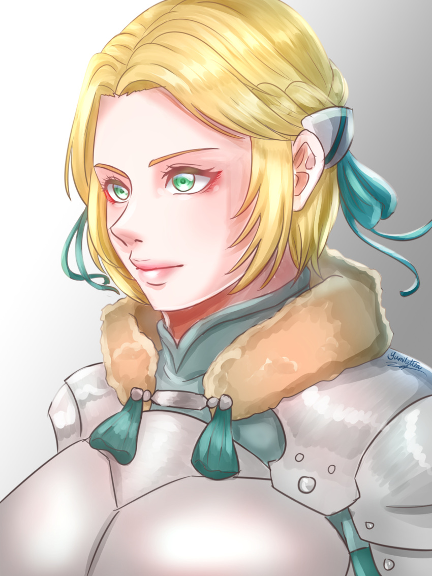 1girl, armor, artist_name, blonde_hair, bow, fire_emblem, fire_emblem:_three_houses, fur_trim, green_eyes, hair_ornament, highres, ingrid_brandl_galatea, portrait, short_hair, solo, white_background, yumikari07
