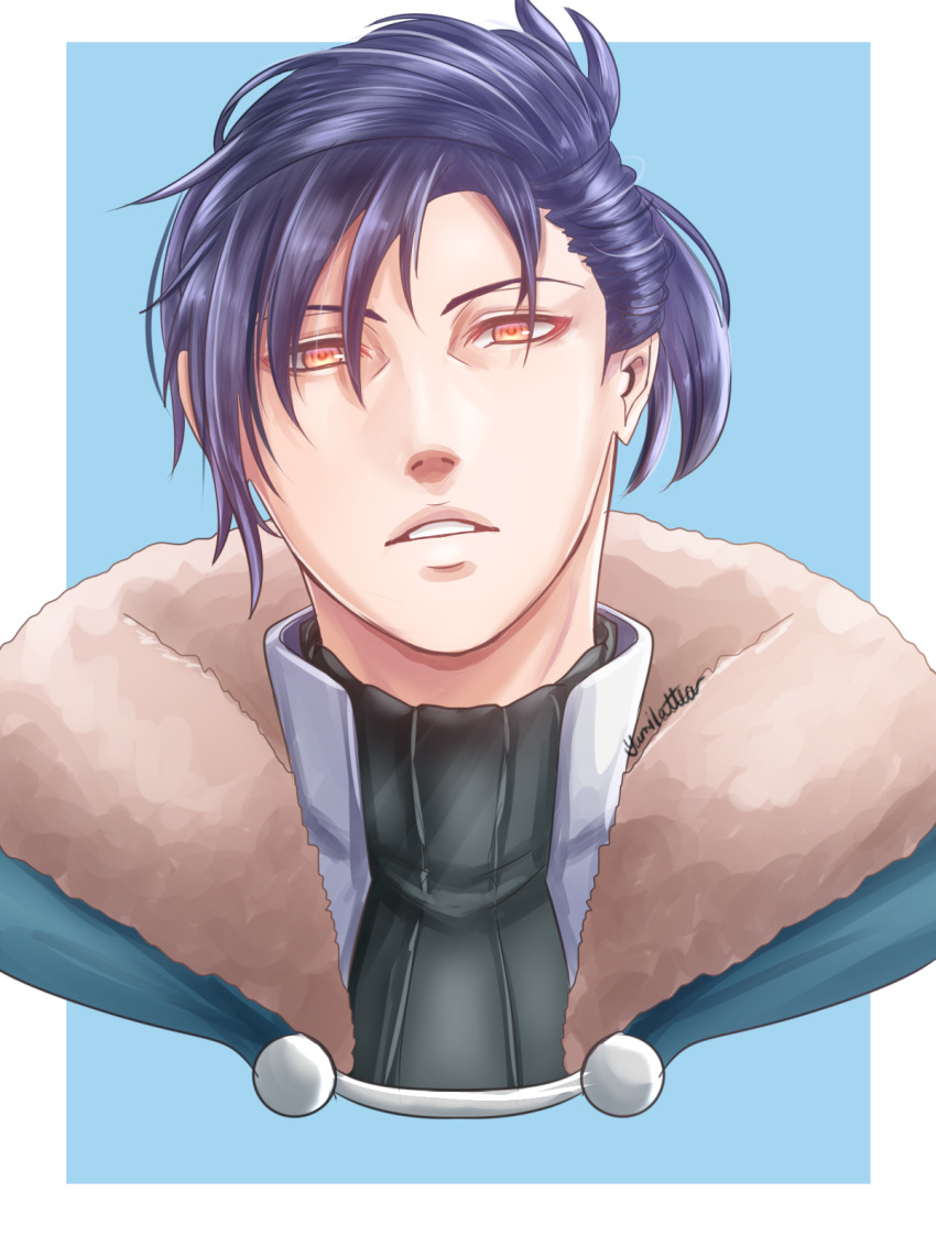 1boy, artist_name, blue_background, blue_hair, felix_hugo_fraldarius, fire_emblem, fire_emblem:_three_houses, fur_trim