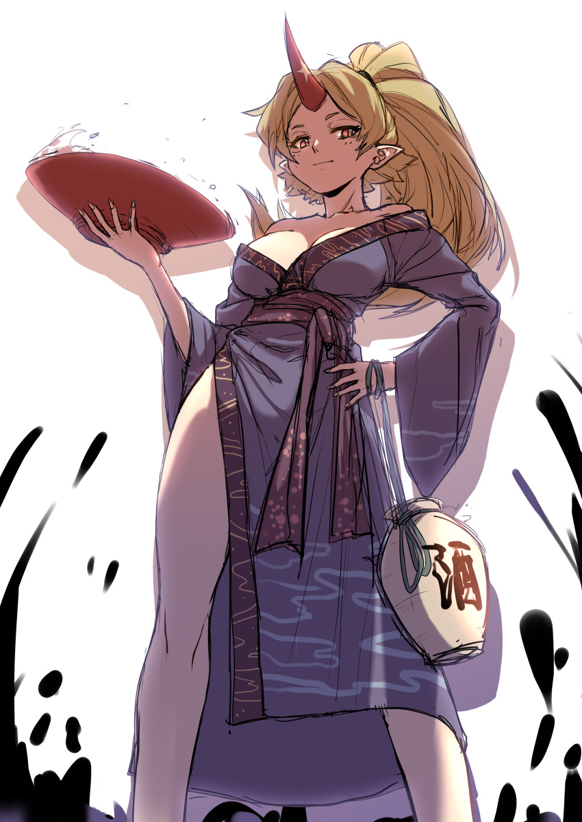 1girl, absurdres, alternate_hairstyle, bare_shoulders, blonde_hair, blue_kimono, breasts, cup
