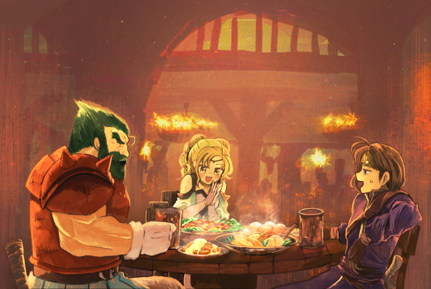 1girl, 2boys, blonde_hair, blue_eyes, blush, brown_eyes, brown_gloves, circlet, closed_eyes, cup, dozla_(fire_emblem), elbow_gloves, fingerless_gloves, fire_emblem, fire_emblem:_the_sacred_stones, food, gloves, green_hair, indoors, kanimiso_(kame_jima), l'arachel_(fire_emblem), mug, multiple_boys, muscle, open_mouth, rennac_(fire_emblem), shoulder_spikes, sitting, smile, spikes, sweatdrop, table, thick_eyebrows, weapon, white_gloves