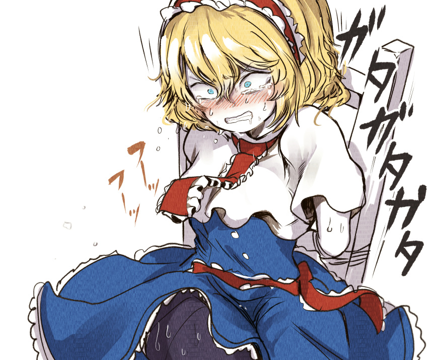 1girl, absurdres, alice_margatroid, andanon, arms_behind_back, bangs, bdsm, black_legwear, blonde_hair, blue_dress, blue_eyes, blush, bondage, bound, bound_arms, breasts, capelet, chair, clenched_teeth, commentary_request, constricted_pupils, crying, dress, drooling, embarrassed, eyebrows_visible_through_hair, frilled_dress, frills, have_to_pee, headband, highres, medium_breasts, necktie, nose_blush, pantyhose, red_headband, red_neckwear, saliva, shiny, shiny_hair, short_hair, sitting, solo, sweat, tears, teeth, thighband_pantyhose, touhou, translation_request, trembling, white_capelet