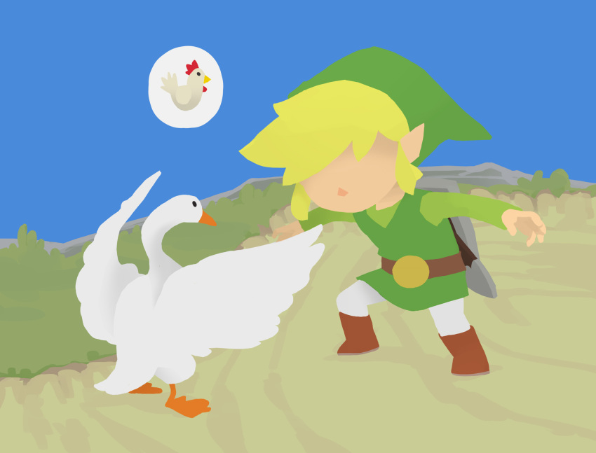 1boy, arms_up, bangs, belt, bird, black_eyes, blonde_hair, blue_sky, brown_footwear, crossover, cucco, day, english_commentary, faceless, faceless_male, from_behind, goose, goose_(untitled_goose_game), grass, green_headwear, green_shirt, hat, highres, leggings, link, long_sleeves, male_focus, minimalism, niko_geyer, outdoors, pointy_ears, shield, shirt, shoes, short_hair, sky, sword, the_legend_of_zelda, the_legend_of_zelda:_the_wind_waker, toon_link, tunic, untitled_goose_game, weapon, white_legwear