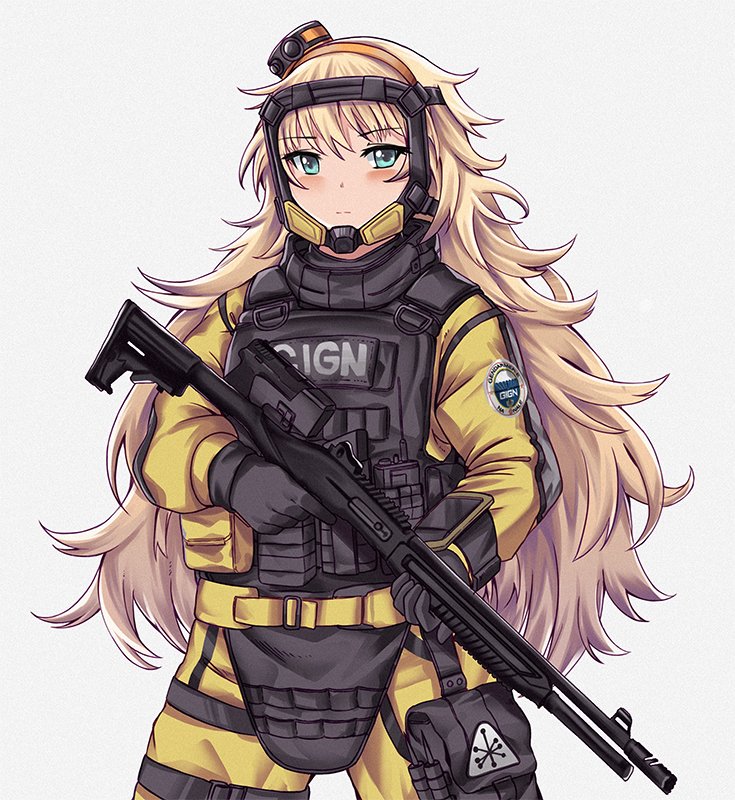 1girl, blonde_hair, blue_eyes, body_armor, bulletproof_vest, cosplay, gas_mask, gign, girls_frontline, gloves, gun, long_hair, persocon93, rainbow_six_siege, s.a.t.8_(girls_frontline), shotgun, solo, tactical_clothes, weapon