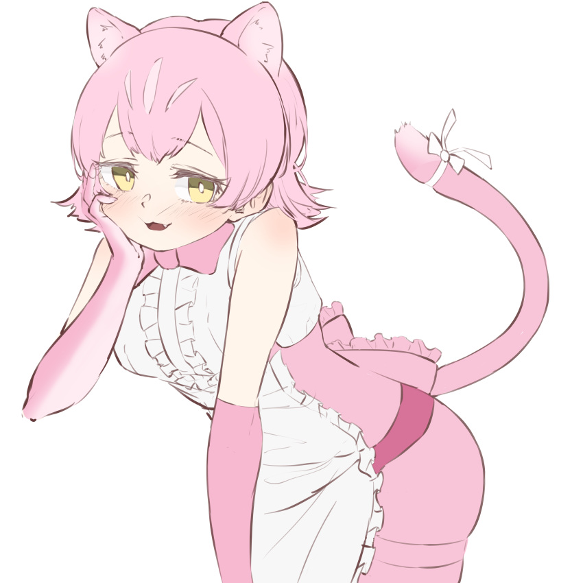 1girl, :3, absurdres, animal_ear_fluff, animal_ears, apron, bare_shoulders, bow