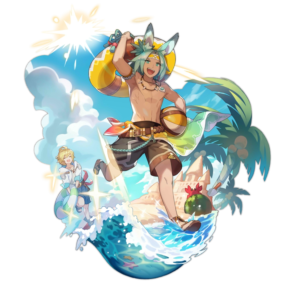 2boys, animal_ears, aqua_eyes, aqua_hair, ball, bunny_boy, clouds, coconut