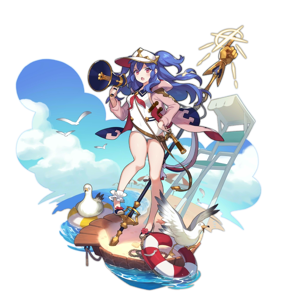 1girl, bird, blue_hair, dragalia_lost, estelle_(dragalia_lost), fang, full_body, hat, holding, jacket, long_hair, looking_at_viewer, megaphone, non-web_source, official_art, open_mouth, ripples, saitou_naoki, sand, shiny, solo, staff, swimsuit, violet_eyes, water