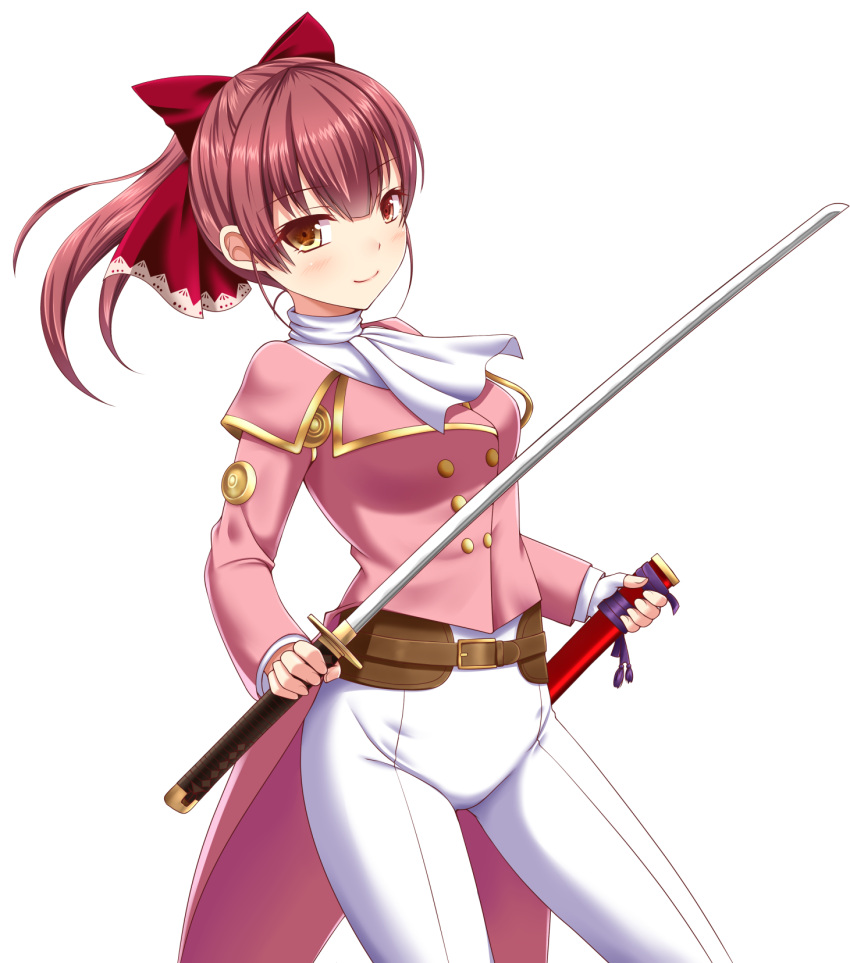 1girl, bangs, bow, breasts, brown_eyes, brown_hair, closed_mouth, commentary_request, cosplay, eyebrows_visible_through_hair, hair_between_eyes, hair_bow, highres, holding, holding_sheath, holding_sword, holding_weapon, hololive, houshou_marine, jacket, katana, ki_(kk-sk-ray), long_hair, long_sleeves, medium_breasts, pants, pink_jacket, ponytail, red_bow, sakura_taisen, sheath, shinguuji_sakura, shinguuji_sakura_(cosplay), sidelocks, simple_background, smile, solo, sword, unsheathed, virtual_youtuber, weapon, white_background, white_neckwear, white_pants