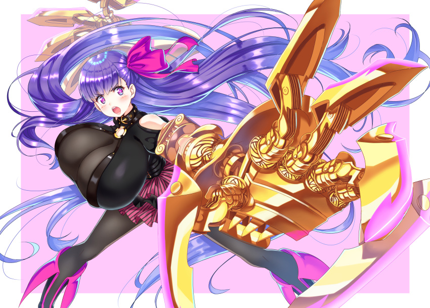 1girl, :o, absurdres, breasts, calzooone, claw_(weapon), collar, fate/extra, fate/extra_ccc, fate/grand_order, fate_(series), gigantic_breasts, hair_ribbon, highres, huge_filesize, impossible_clothes, looking_at_viewer, open_mouth, outstretched_arm, outstretched_hand, passion_lip, pink_ribbon, purple_hair, ribbon, solo, weapon
