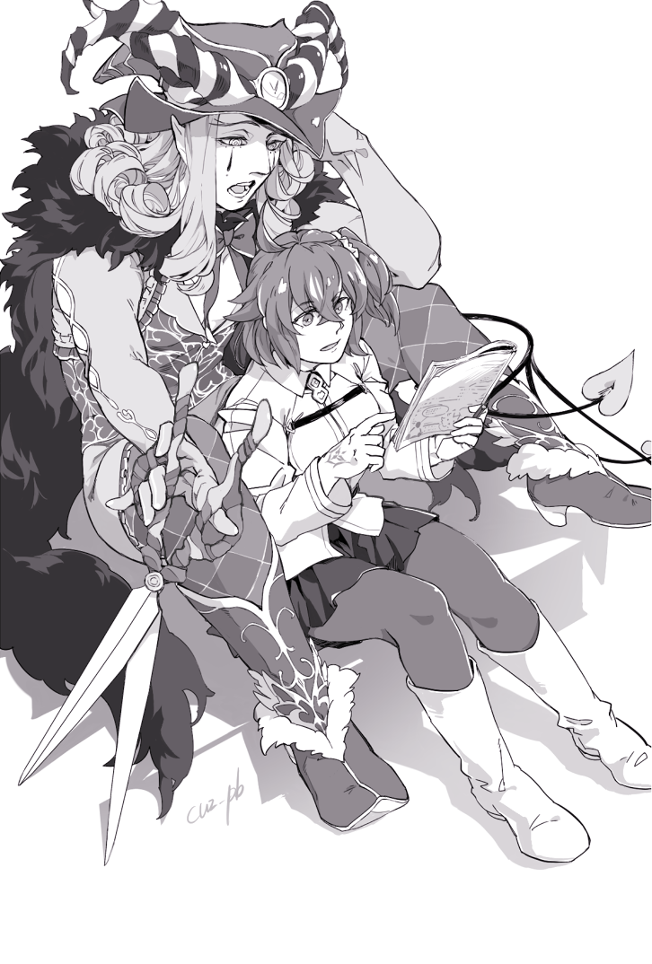 1boy, 1girl, ahoge, argyle, argyle_legwear, aves_plumbum9, blueprint, book