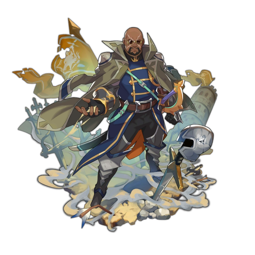1boy, bald, beard, boots, dark_skin, dark_skinned_male, dragalia_lost, dust, facial_hair, facial_scar, fingerless_gloves, frown, full_body, glasses, gloves, helm, helmet, jacket_on_shoulders, looking_at_viewer, official_art, rock, saitou_naoki, scar, solo, sword, tower, transparent_background, victor_(dragalia_lost), weapon