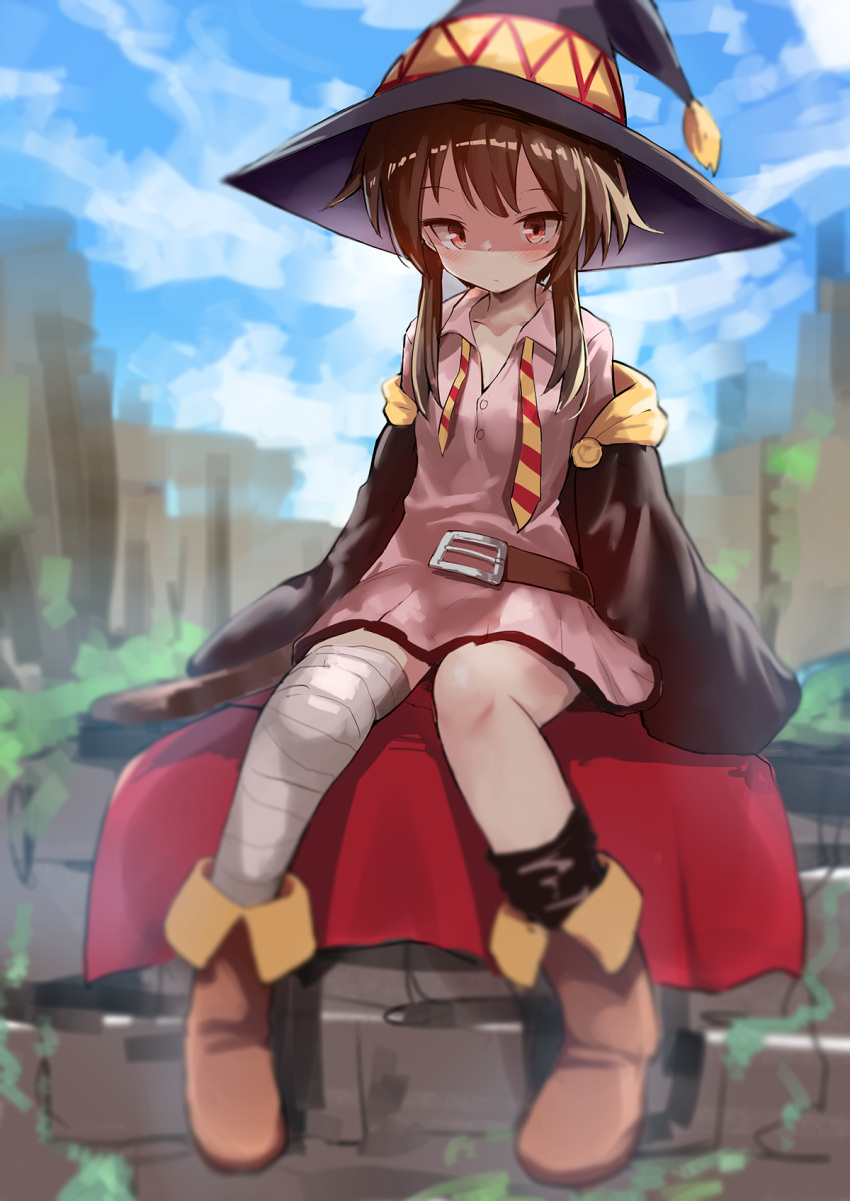 1girl, alternate_costume, bandaged_leg, bandages, belt, black_cape, blush, breasts