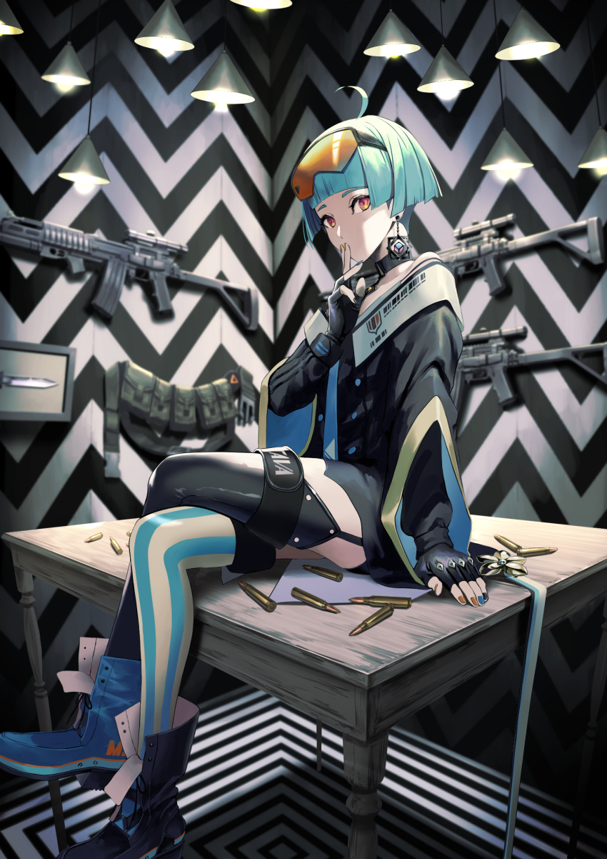 1girl, ahoge, assault_rifle, bangs, black_gloves, blue_neckwear, blunt_bangs, boots