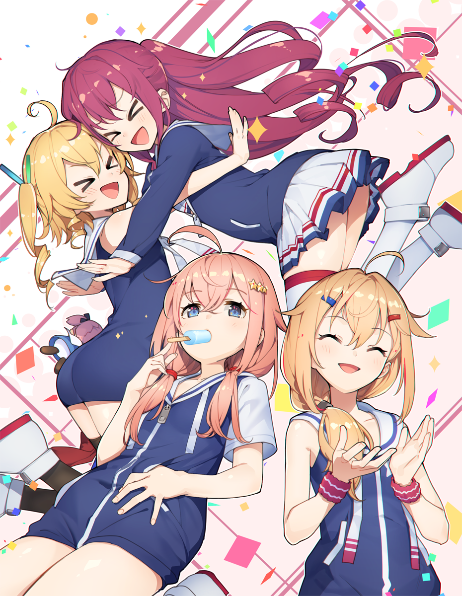 >_<, 4girls, :>, ahoge, azur_lane, bangs, black_legwear, blonde_hair