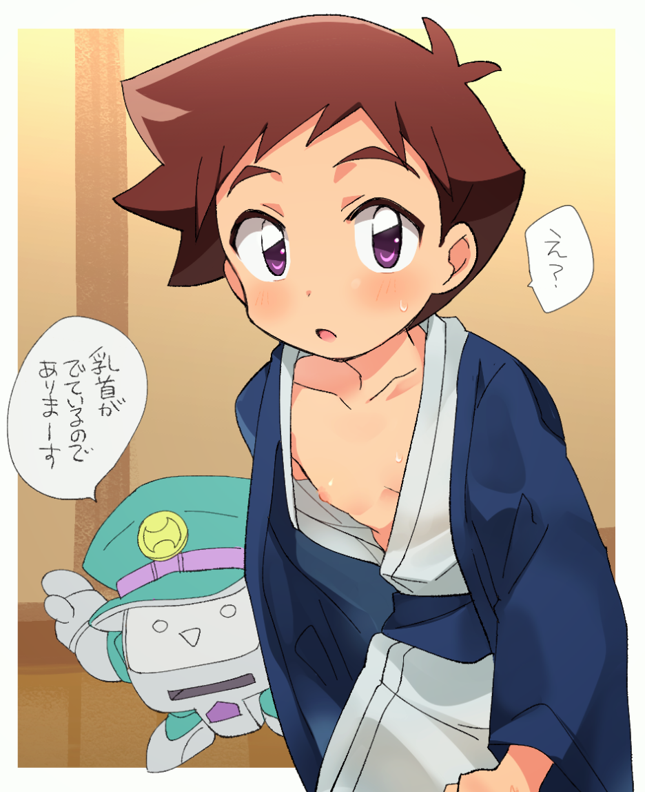 1boy, blush, brown_hair, chokutsuu_(menino), hayasugi_hayato, japanese_clothes, male_focus, nipples