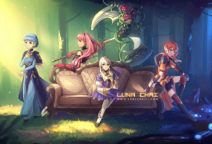 4girls, arrow, artist_name, axe, black_gloves, blue_hair, braid, brown_eyes, closed_mouth, couch, crown_braid, cup, dress, earrings, fire_emblem, fire_emblem:_three_houses, flower, from_side, gloves, grass, hair_ornament, hilda_valentine_goneril, holding, holding_axe, holding_cup, jewelry, leonie_pinelli, long_hair, long_sleeves, looking_to_the_side, lunachaili, lysithea_von_ordelia, marianne_von_edmund, multiple_girls, orange_hair, pink_eyes, pink_hair, ponytail, quiver, red_gloves, shorts, sitting, smile, teacup, tree, watermark, web_address, white_hair, white_legwear