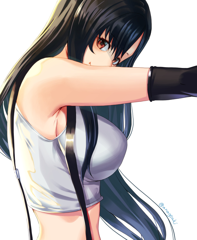 1girl, aona_(kuuga19yuu), armpits, bangs, bare_shoulders, black_hair, breasts, brown_eyes, elbow_sleeve, final_fantasy, final_fantasy_vii, large_breasts, long_hair, looking_at_viewer, low-tied_long_hair, midriff, shirt, sideboob, skirt, smile, suspender_skirt, suspenders, tank_top, taut_clothes, taut_shirt, tifa_lockhart
